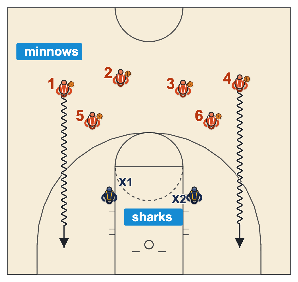 Coaching youth basketball Sharks and Minnows game with six dribblers each holding a ball and two sharks waiting in the half court